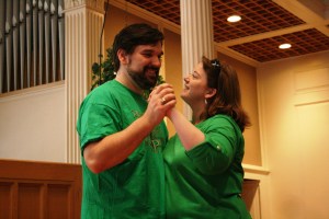 My wife and I during rehearsal.  In the show, this became one of the little bits of magic onto which I will forever hold.  Every time we rehearsed this, 'Jesus' cuts in and stops us from dancing.  And I was supposed to say, "Yeah, but she's so, so..."  Every time in rehearsal, I said something different to end that line.  Nothing I tried ever felt right.  Then during the show, I looked at her and our eyes met, and my heart melted again, and I finished my line perfectly "she's an angel."