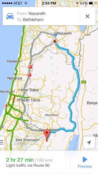 According to google maps, the journey along the Jordan River from Nazareth to the Church of the Nativity in Bethlehem is 166 kilometers, or 103.2 miles.